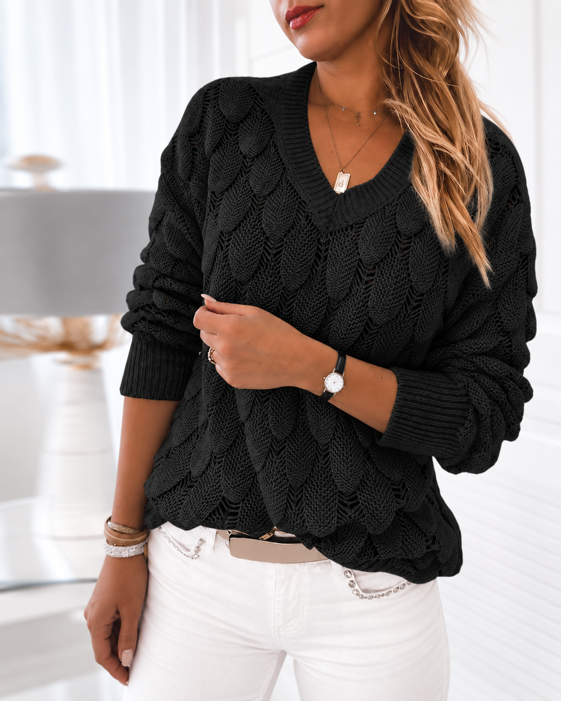 Olympe | Pull en Maille Ajourée à Col V