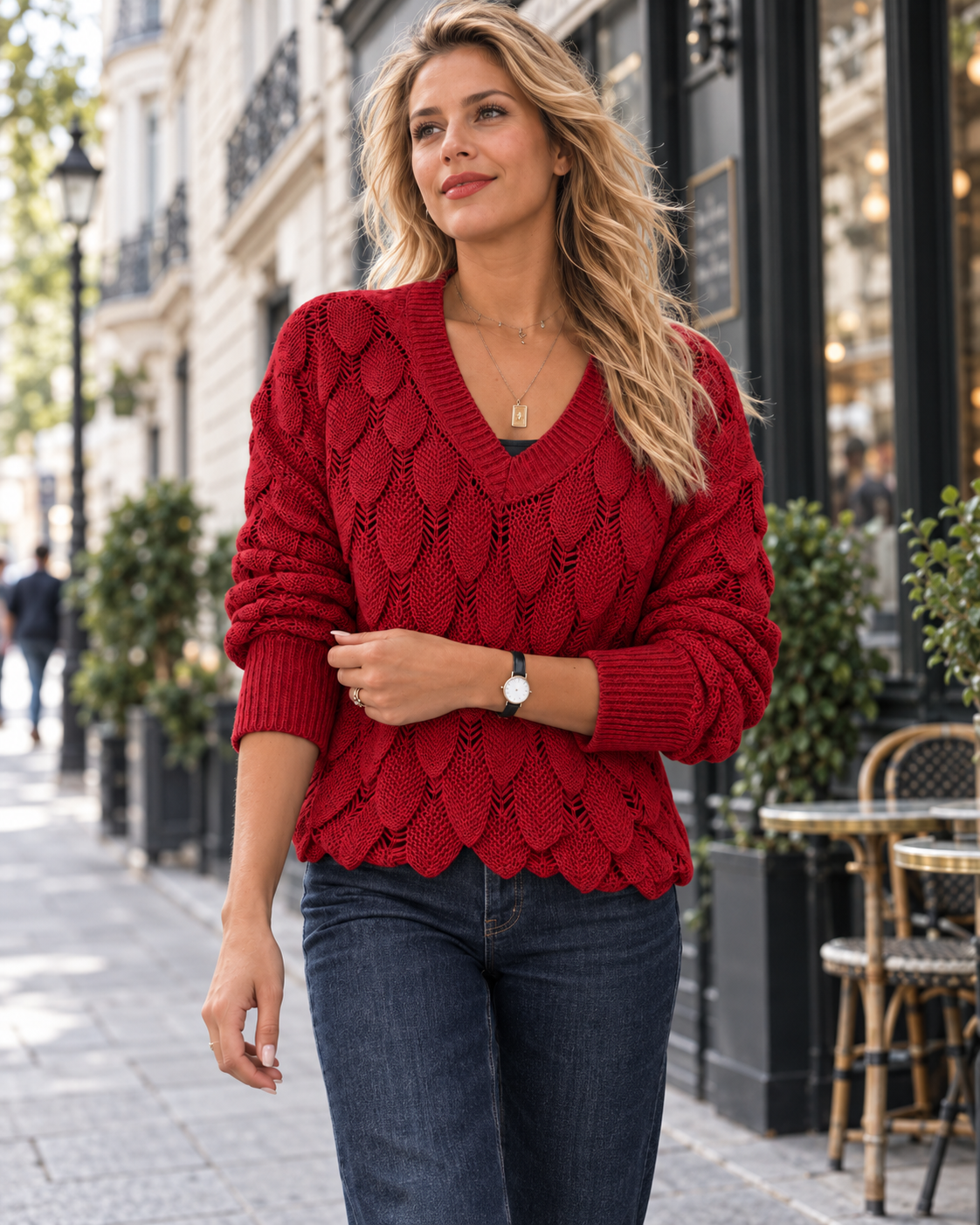 Olympe | Pull en Maille Ajourée à Col V